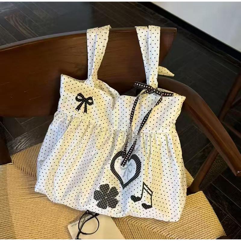 Korean Polka Dot Shoulder Bag Women's Nylon Tote Bag Cute Bow Love Printed Tote Bag Skirt Design Magnetic Buckle Armpit Bag