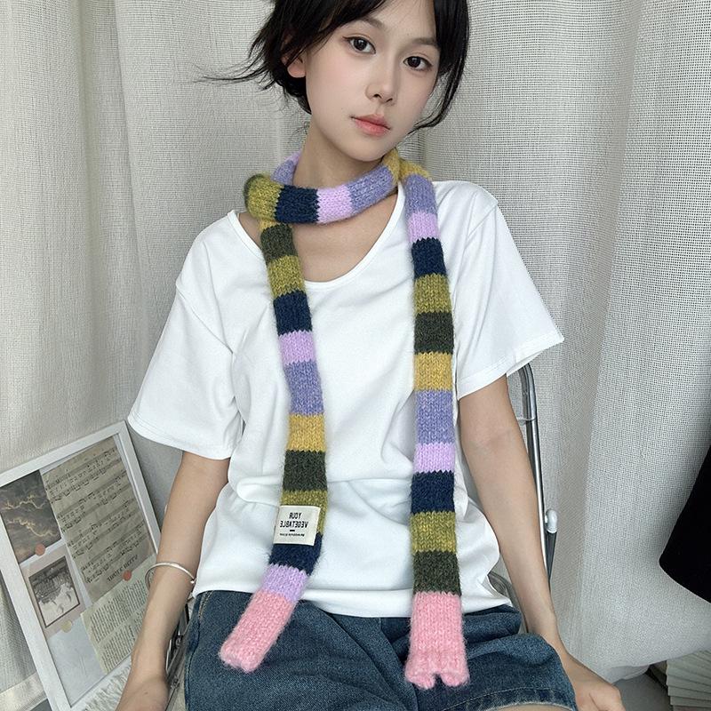Шарф Luochi Knitwear Осень/Зима, Мохеровый, Цветные Блоки, Полоска - Унисекс, Стиль Y2K 'Сладкая и Пряная Девушка'