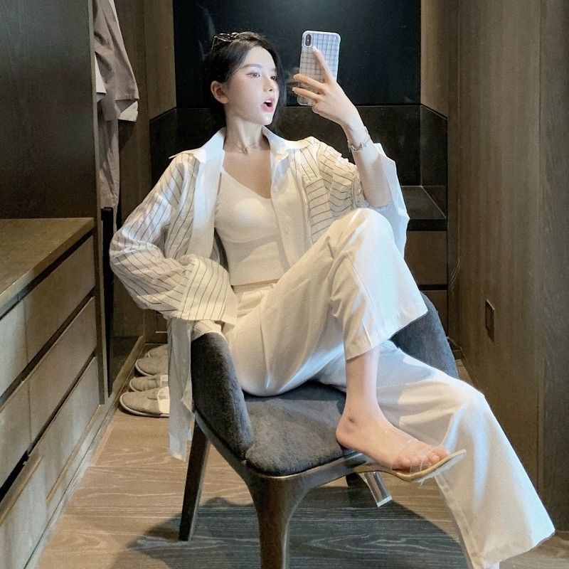 Women's Clothing Striped Loose Shirt Summer Long Sleeve Lightweight Cover Up Korean Style Casual Oversized Cardigan New