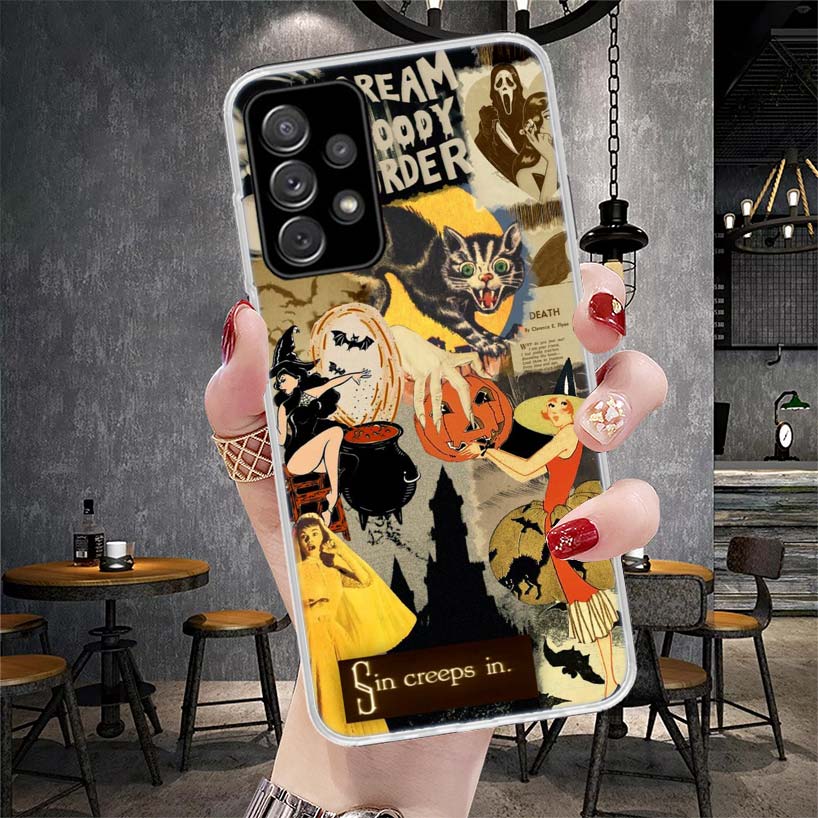 Halloween Fall Art Witch Cat Phone Case For Samsung Galaxy A12 A22 A32 A52 A72 A02S A51 A50S A71 A70 A31 A20S Note 20 Ultra S10