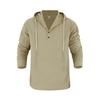 Мужская повседневная футболка-henley из льна свободного кроя на весну/осень с большими карманами и капюшоном, с длинными рукавами