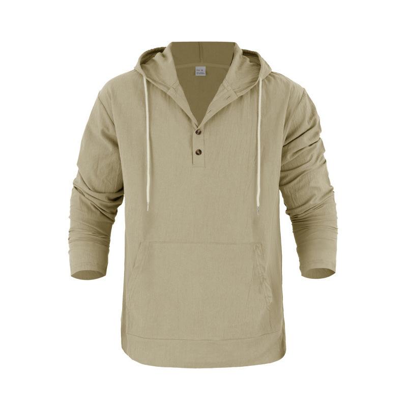 Мужская повседневная футболка-henley из льна свободного кроя на весну/осень с большими карманами и капюшоном, с длинными рукавами
