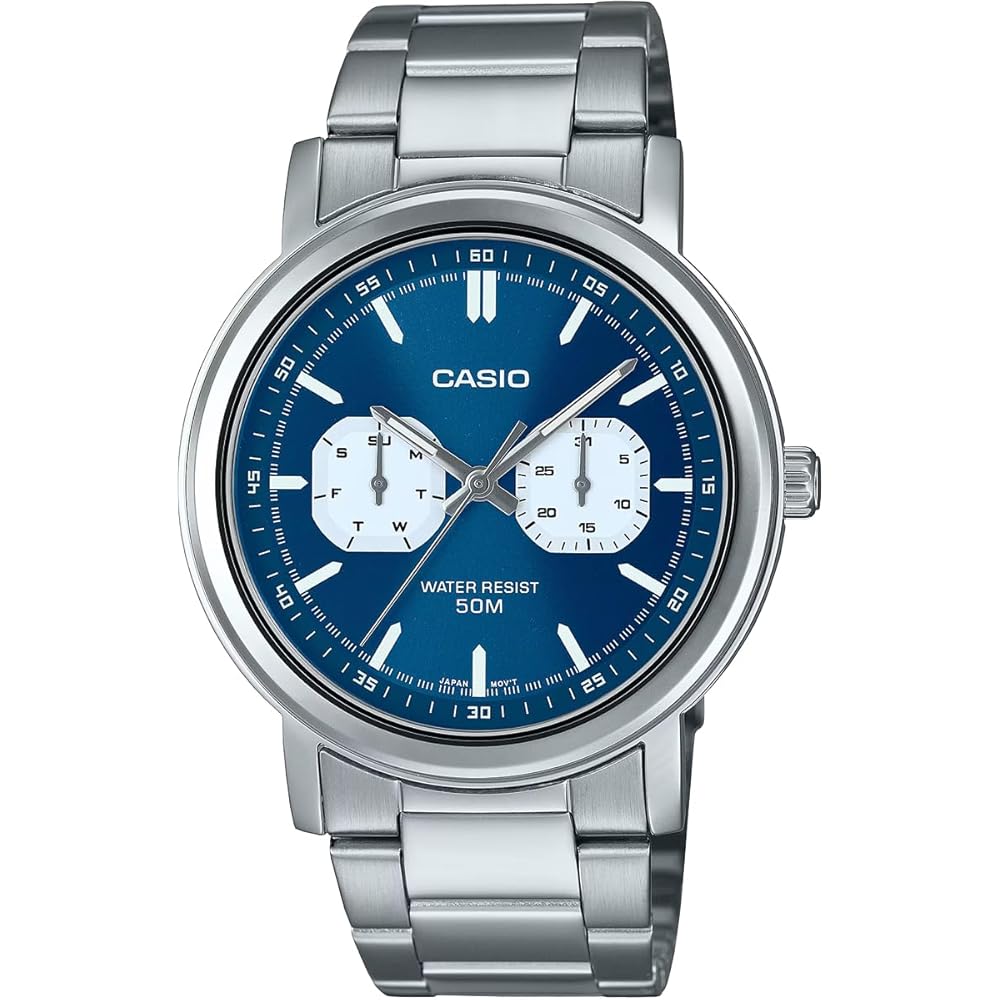Мужские кварцевые часы Casio Standard MTP-E335D-2E1V с многофункциональным календарем, серебристо-синие, зарубежная модель