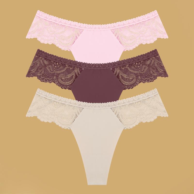 3Pcs Seamless Stretch Thongs Women Comfort Patchwork Lace Panties Female Low-Waist G-string High Quality Floral Soft Lingerie