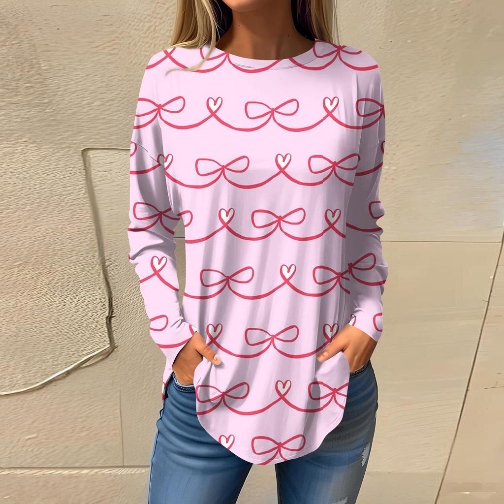 Women's Loose Casual Bow Printed Round Neck Long Sleeved T Shirt Top Pullover Long Sleeved Sweatshirt
