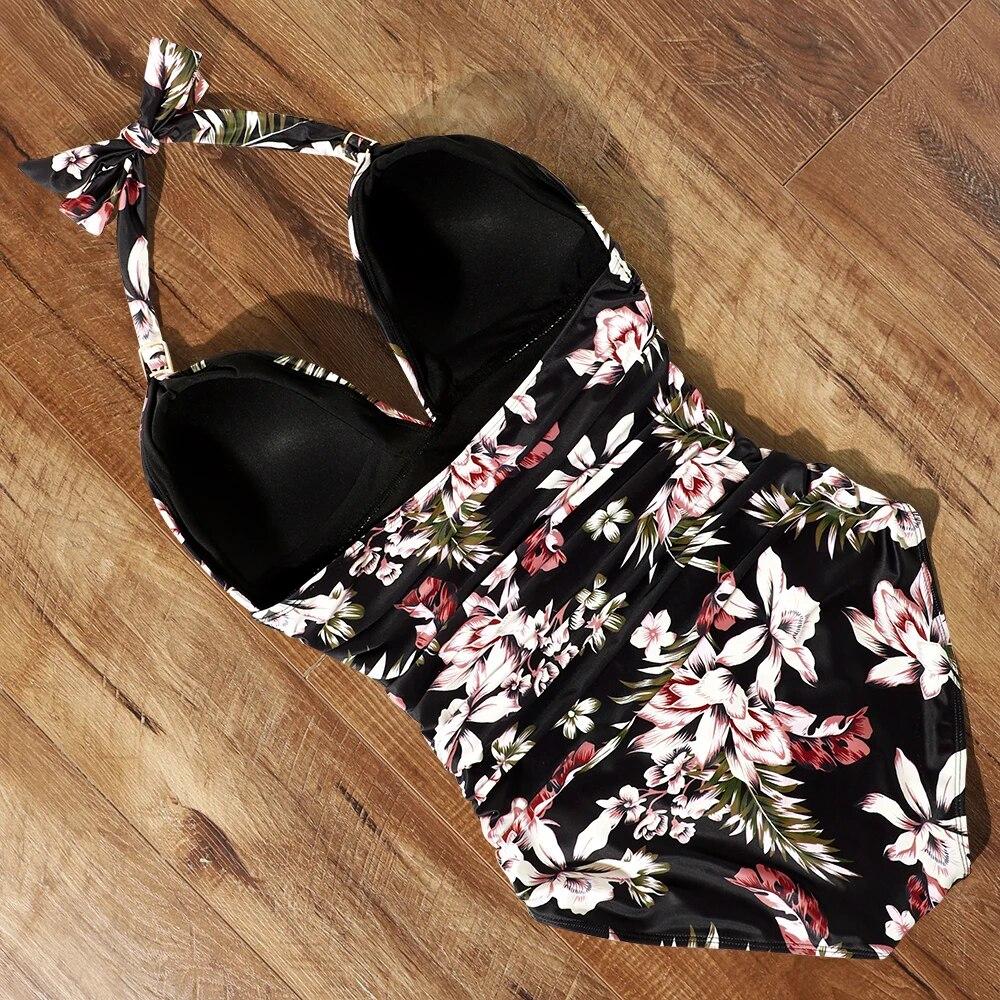 One Piece Swimwear Women Plus Size Black Halter Swimsuit Push Up Bathing Suit Sexy Waist Bodysuit