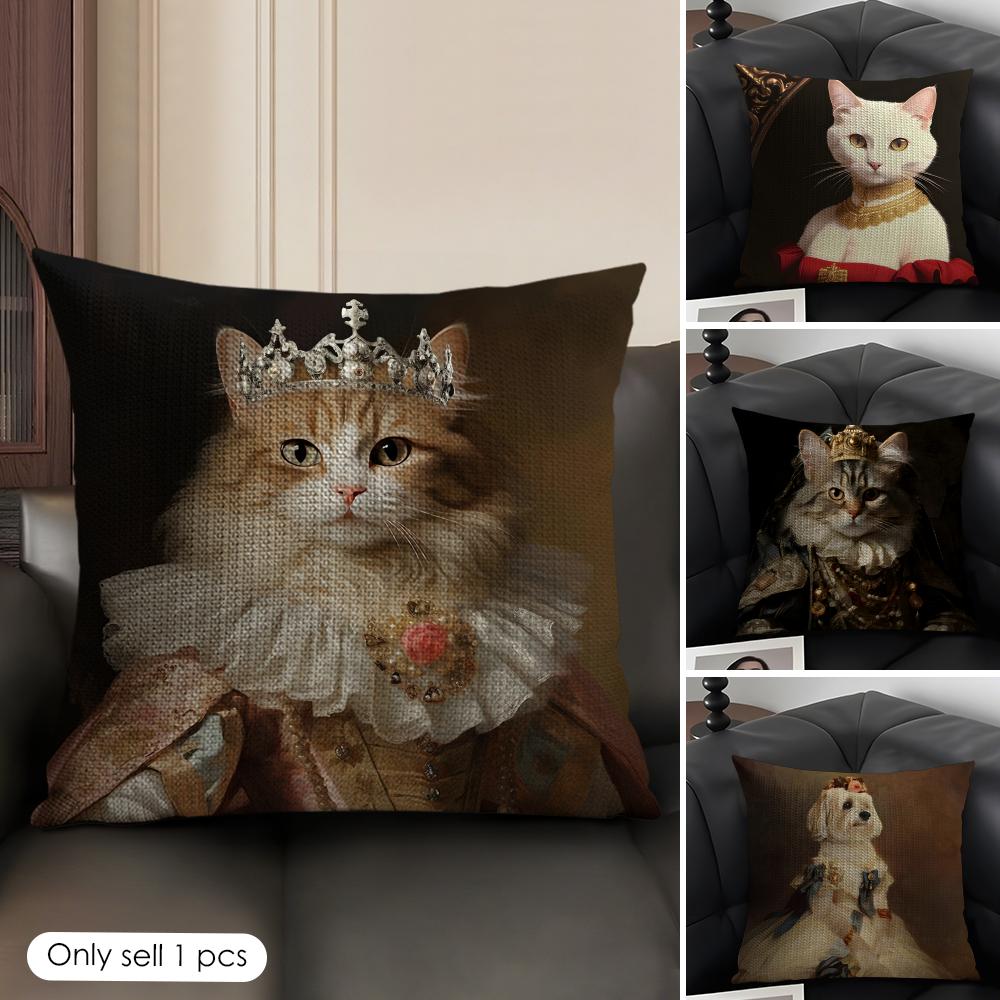 Renaissance Royal Cat Cushion Cover Natural Linen Organic Fabric DoubleSided Printing Sofa Home Decor Gift Pillow Case