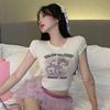 Cartoon Print Slim T-shirt For Women Cute Crew Neck Short Sleeve Casual Versatile Summer Crop Top