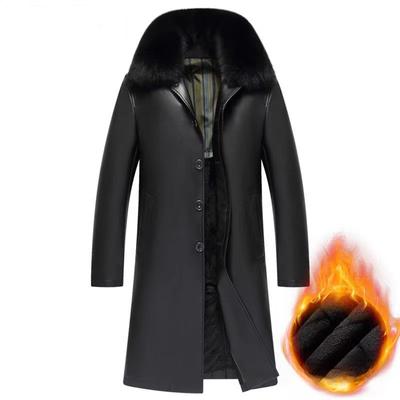 Новая зимняя кожаная куртка для мужчин среднего и пожилого возраста. Куртка для папы. Длинное бархатное и утолщенное повседневное кожаное пальто выше колена.