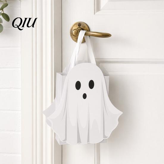 Holiday Treat Bags Halloween Ghost Gift Bag, White Candy Pouch with Cute Face, Trick or Ribbon Handle Bag Favor for Party, Kids Goodie Prizes