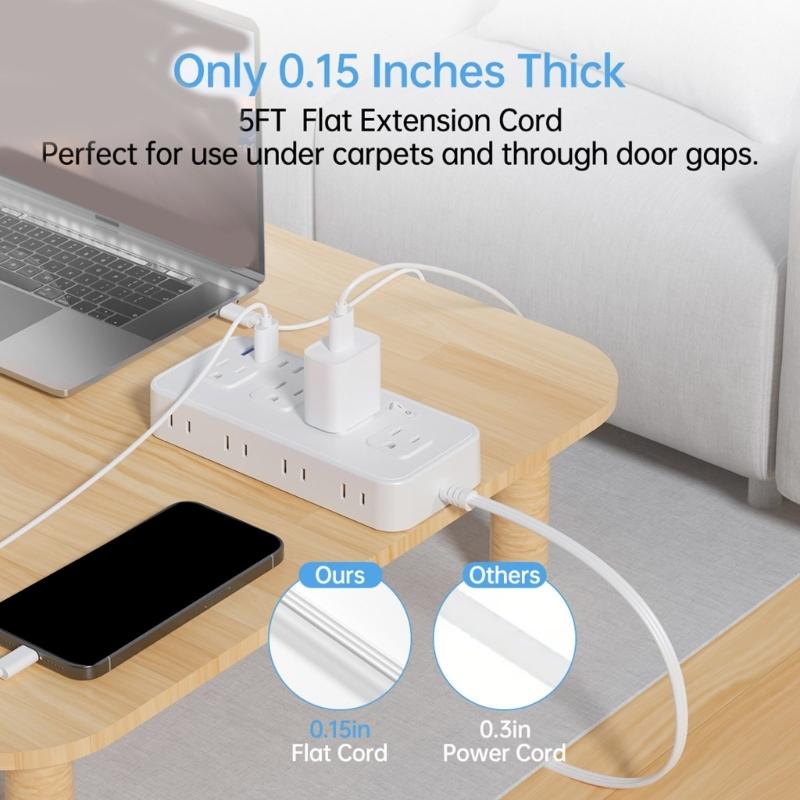 US Plug Power Strips with 8 Outlets 4 USB Port(2 USB-C), Braideds Extender Cable,Surges Protectors Adapter for Home