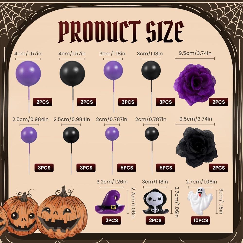 Halloween 44pcs Cake and Cookie Decorating Supplies with Purple Ball Ghost Rose Witch, Birthday Party Decoration Cupcake Toppers