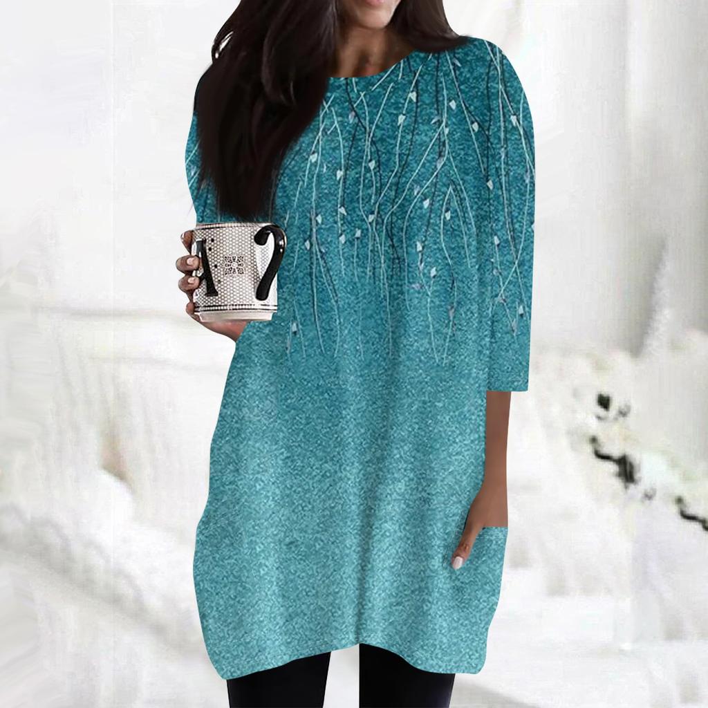 Женские повседневные рубашки с рукавами 3/4, модные туники с принтом, топы с карманами