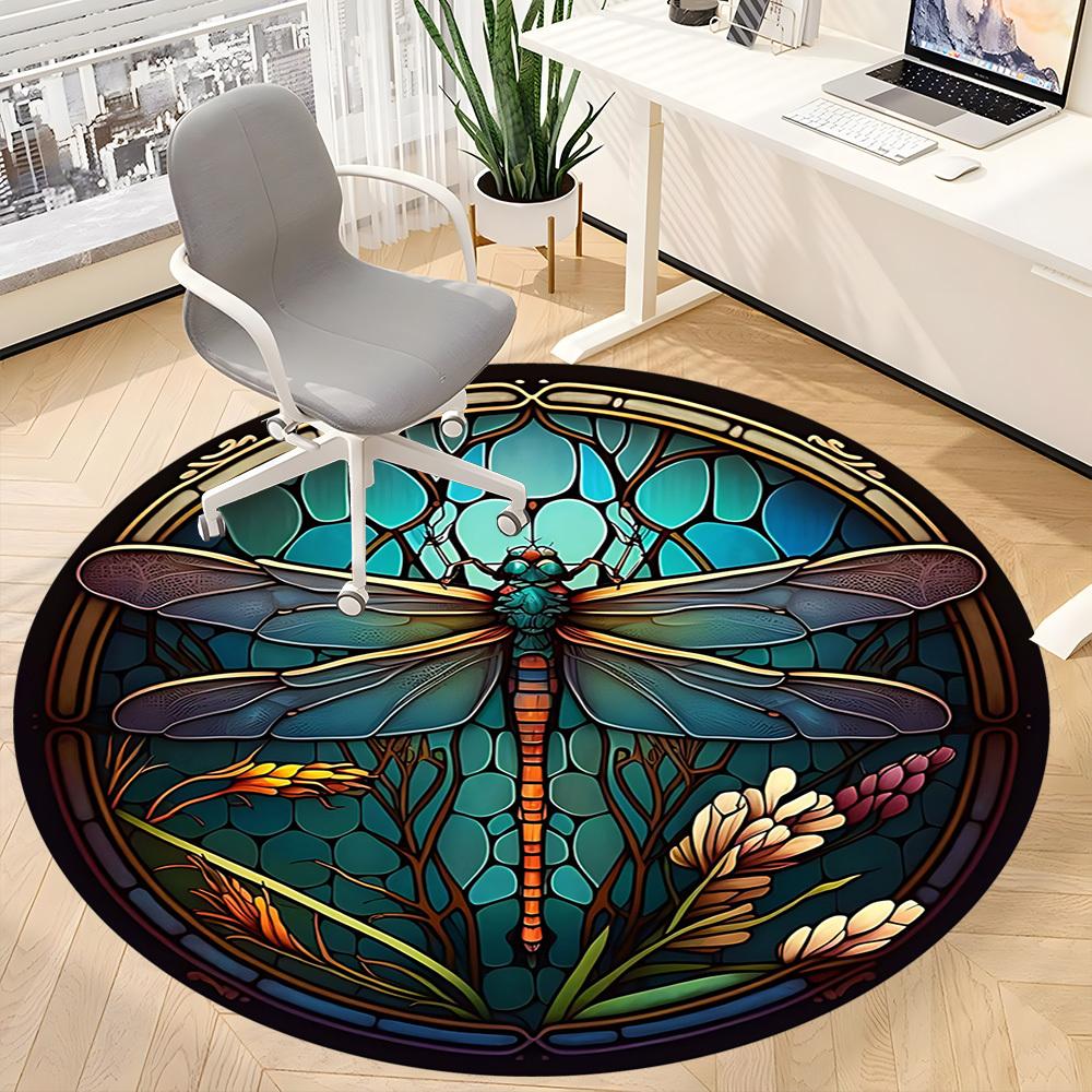 1PC Dragonfly StainedGlass Office Round Area Rug,  Mat Suitable ForOffice, Under Office Chairs Bedroom Living Room Home Decor, Room Deco