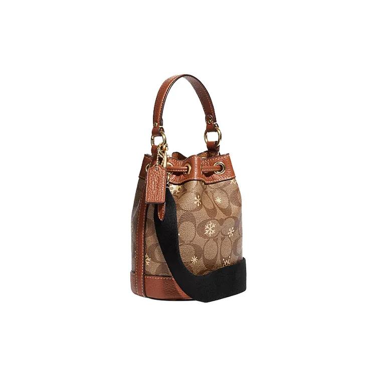 COACH Dempsey Signature Coated Canvas Litchi Grain Leather Bucket Bag Handbag Mini Women's Brown (Unisex) Handbags CE587 IMV2X