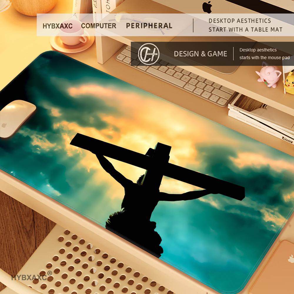 HYBXAXC XXL Art Design Jesus and Cross Mouse Pad Large Non-Slip Rubber Base Desk Mat Office Believer Gift Religious Keyboard Pad