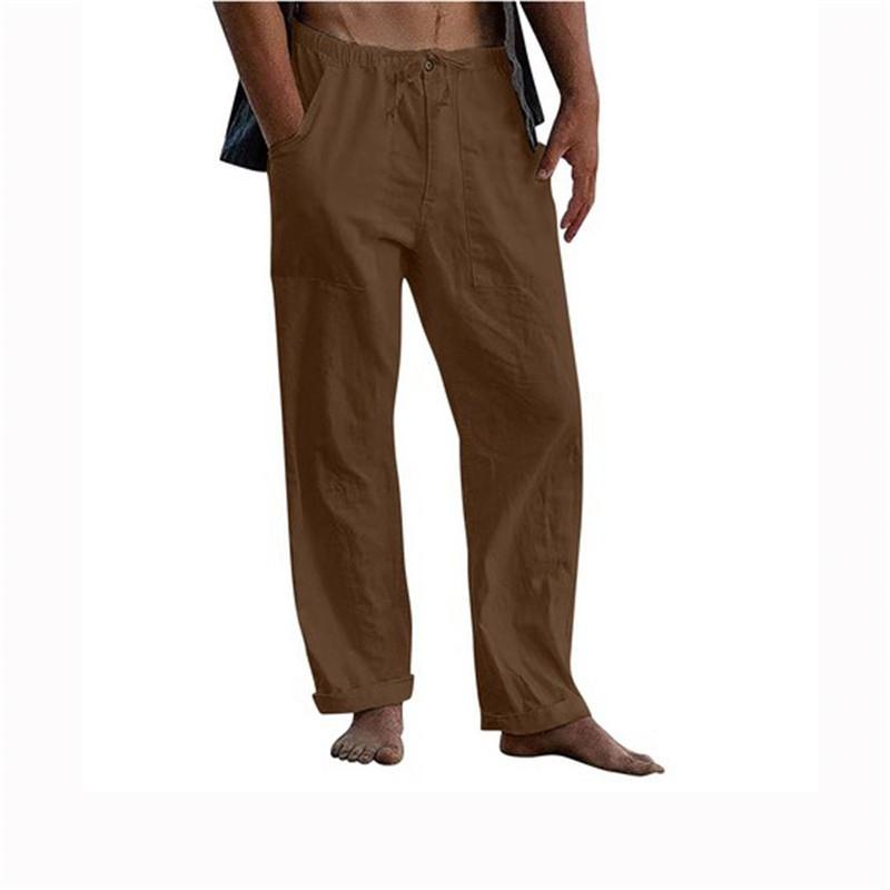 Мужские летние пляжные удобные дышащие свободные хлопковые льняные брюки для йоги, эластичные брюки на шнурке