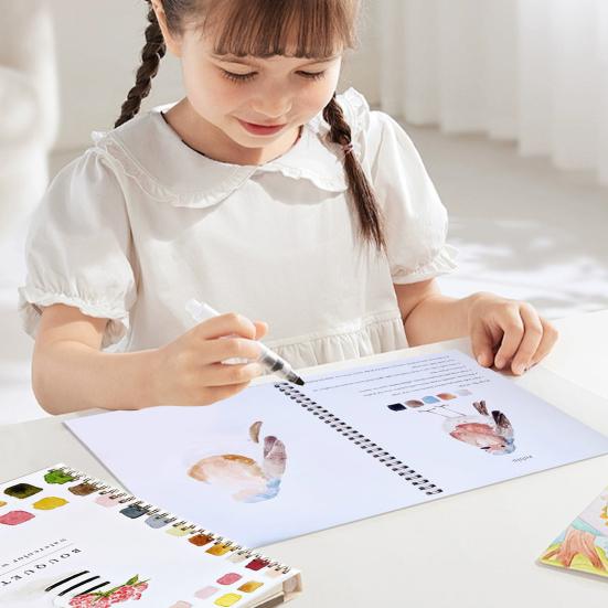 Watercolor Workbook 12 Colors Watercolor Painting Set with Paint Brush Beginner-Friendly Birds Animals Flowers Watercolor Book