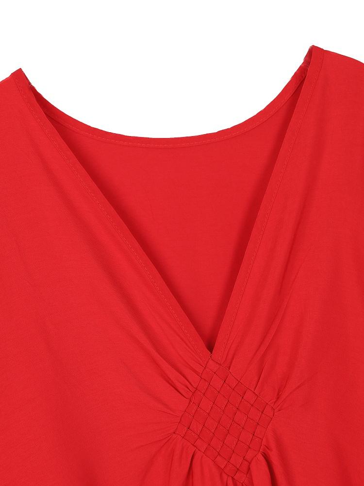 EDOLYNSA Red Women's Kaftan Long Dress Robe Holiday Cover Up Bat Sleeves Beach Dress Lounge wear Q1306