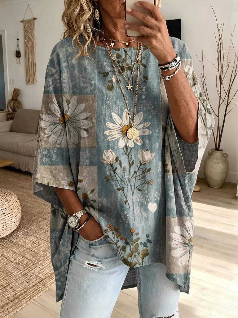 Plus Size Women's Vintage Daisy Flower Print Three Quarter Sleeve Sweatshirt (No Accessories)