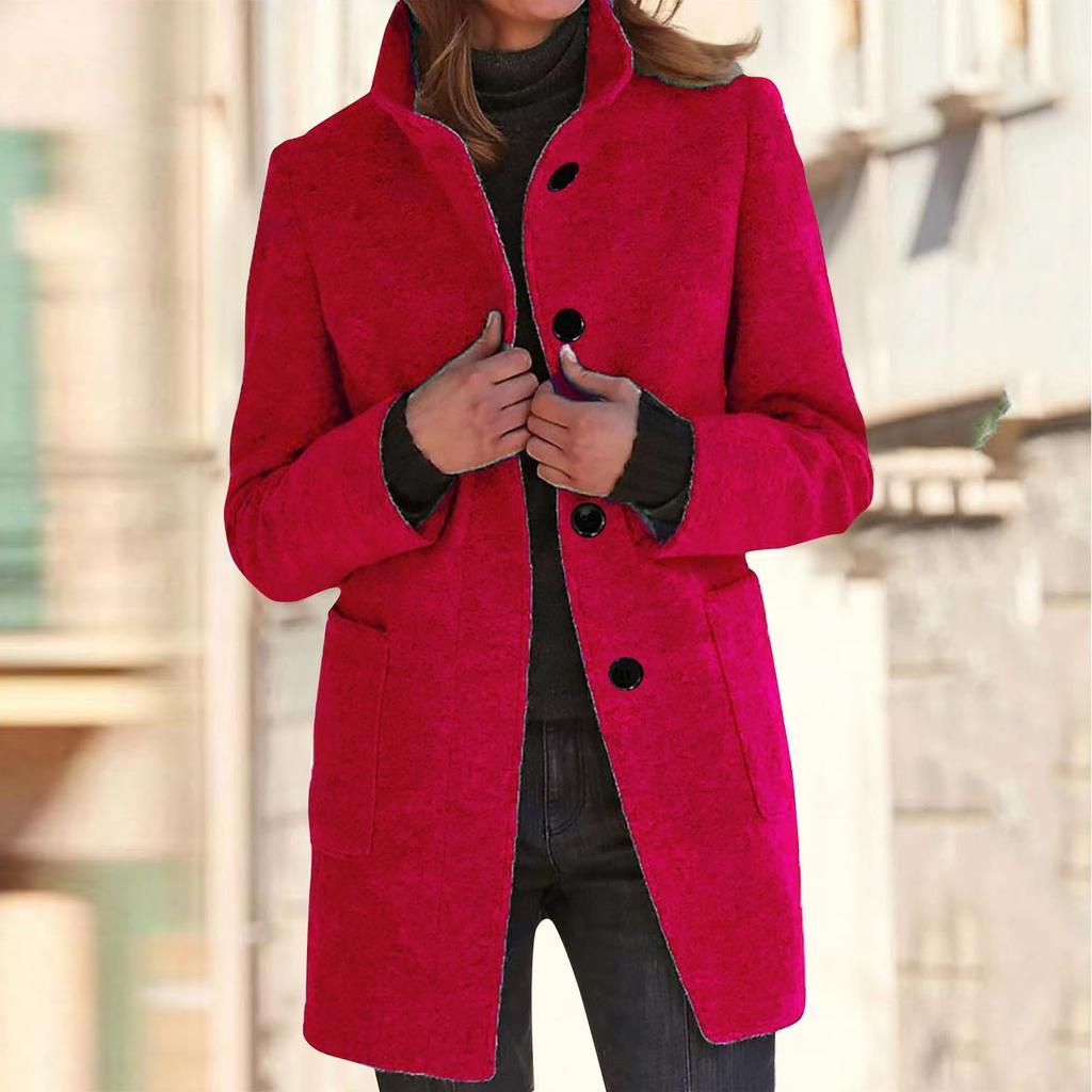 Women's Casual Coat Solid Color Long Sleeved Button Up Collar Pocket Woolen Jacket
