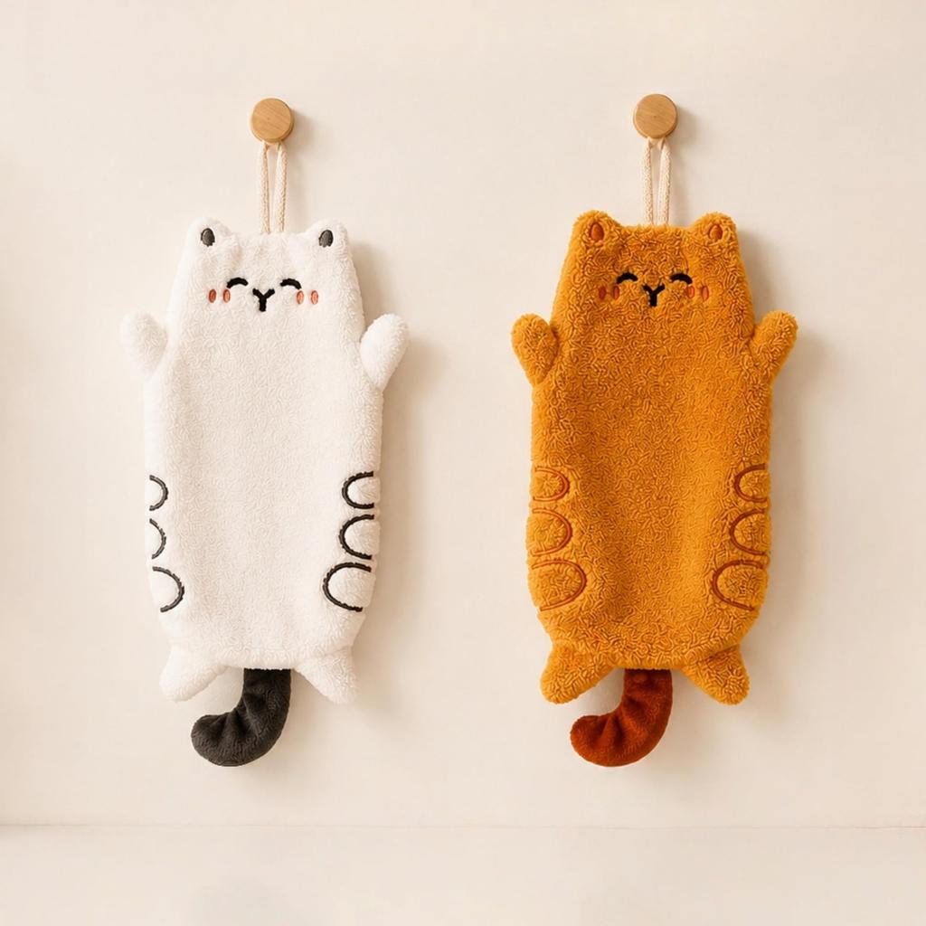 2-Pack Cute Cartoon Cat Coral Fleece Hanging Towels - Ultra Soft, Quick-Dry | for Kitchen & Bathroom Hand Towels with Loop | Adorable White & Yellow