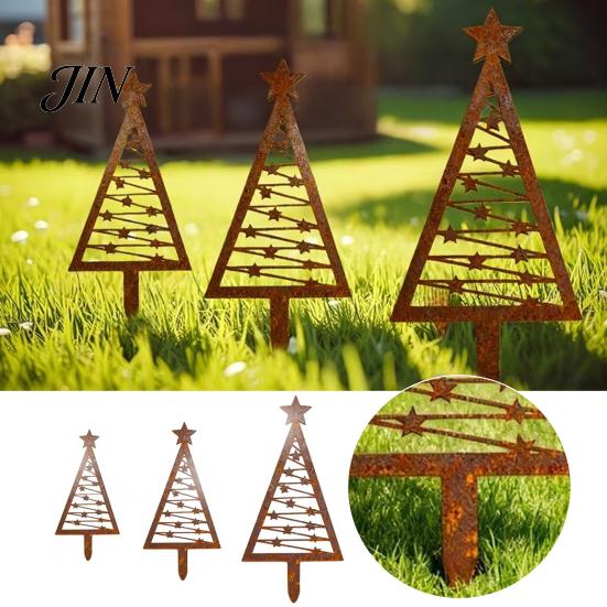 Decorative Ground Stake 3Pcs Rustic Metal Christmas Tree Stake, Weathered Iron Art Xmas Garden Design Sign for Yard Pathway Flower Bed Unique Shape