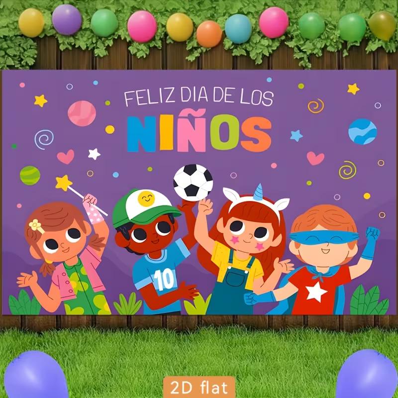 2D Feliz Dia De Los Ninos Backdrop, Happy Children's Day Cartoon Kids Photography Background Banner