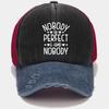 Бейсболка «Nobody is Perfect» — унисекс-кепка для активного отдыха с регулируемой сетчатой спинкой и потертым денимом спереди