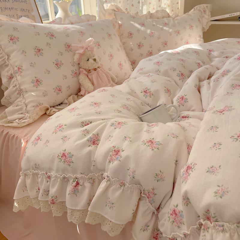 Комплект постельного белья из четырех предметов с двойной нитью, кружевной в принцессном стиле, приятный для кожи, дышащий, стиранные простыни, пододеяльник, наволочка