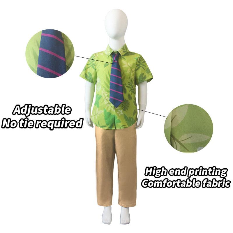 Fox Nick Wilde Cosplay Shirt With Tie Men Halloween Green Leaves Printed Summer Casual T-shirt and Necktie cosplay