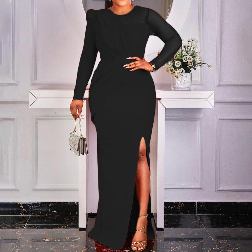 Платье-рубашка с разрезом из сетчатой ткани, однотонное, европейская и американская мода больших размеров, длинная юбка