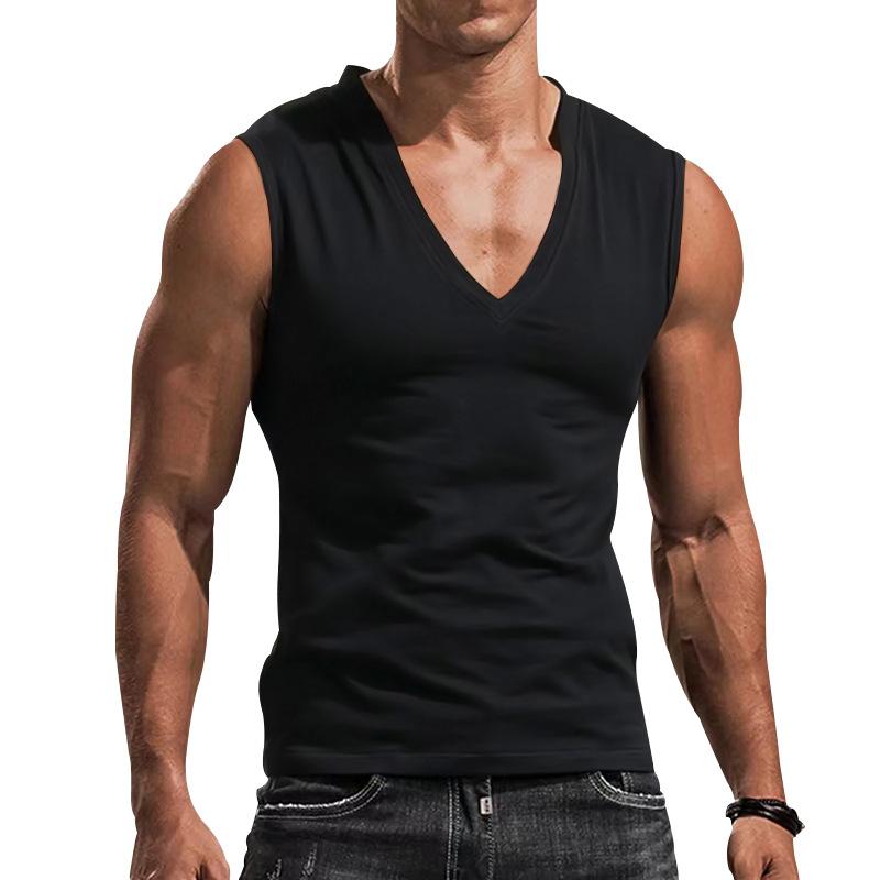 Men's Muscle Sleeveless T-shirt Men Summer Loose Tank Top Solid V Neck Vest Tee Men Tops