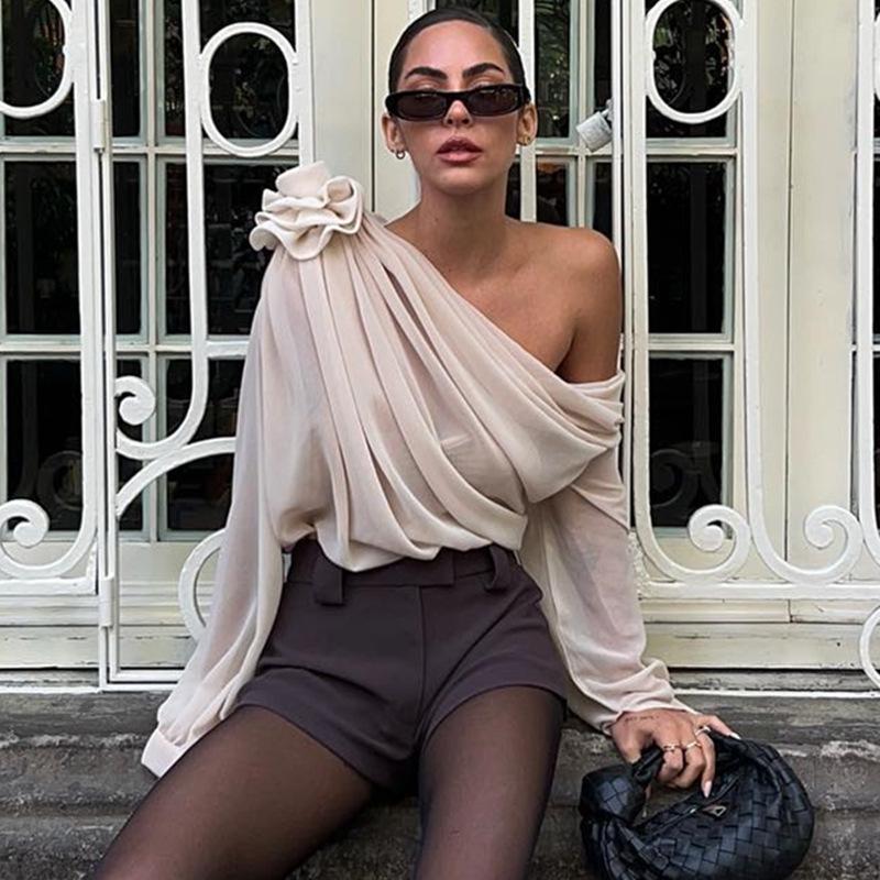 Trendy Chiffon Floral Mesh Off-Shoulder Long-Sleeve Top for Women