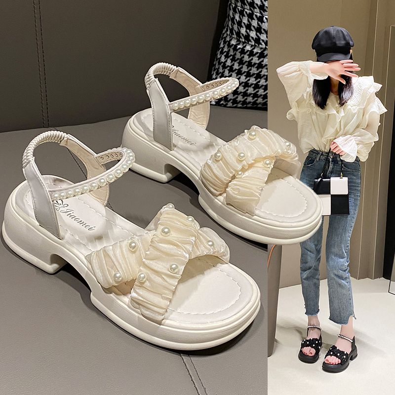 Fashion Outdoor Chunky Ladies Shoes Block Heel Sandals for Women Summer 2024 Thick Footwear Pearl Daily On Offer Wholesale Designer H F