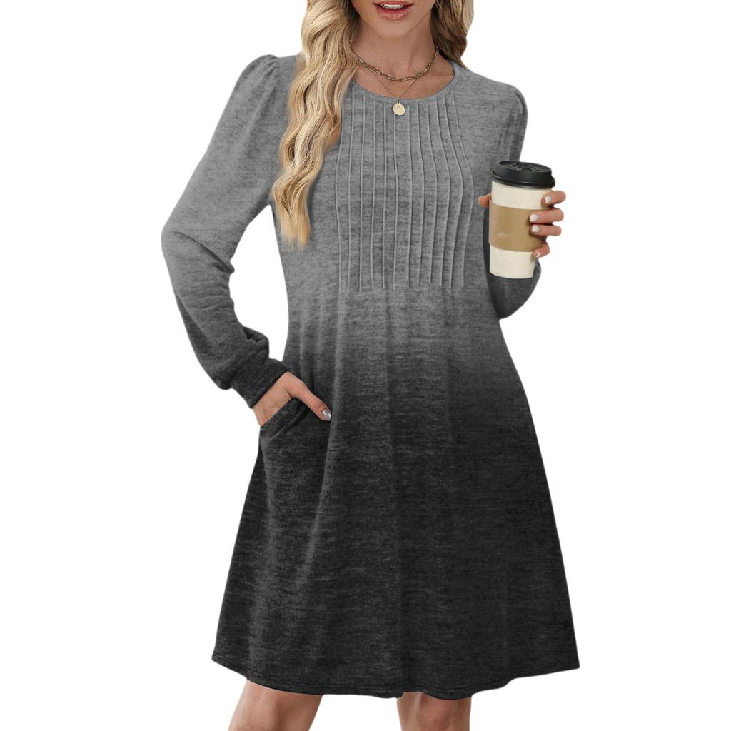 Женское повседневное платье с длинным рукавом, плиссировкой, круглым вырезом, градиентным принтом и карманами