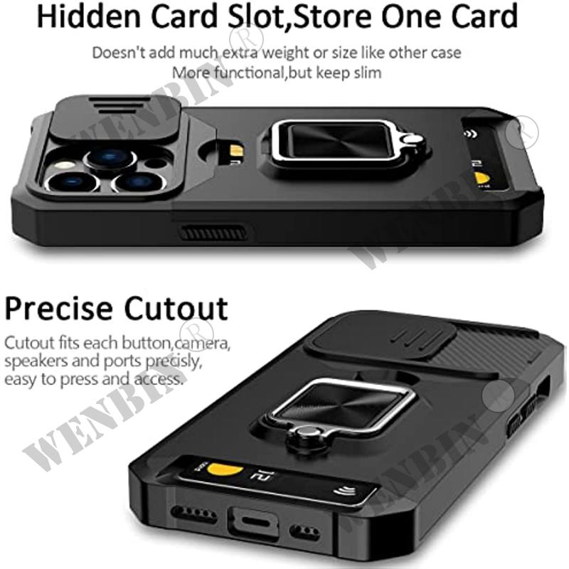 Чехол для iPhone 15 14 Pro Max 13 12 Pro Max 8 7 Plus Mini SE Heavy Duty Protection с выдвижной крышкой камеры и крышкой-зажимом для карт