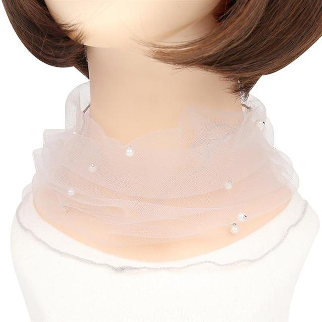 1pc Elegant Transparent Women Ladies Scarf Fake Pearl Decor Mesh Necklace Scarf Circle Scarf For Autumn Clothing Accessories