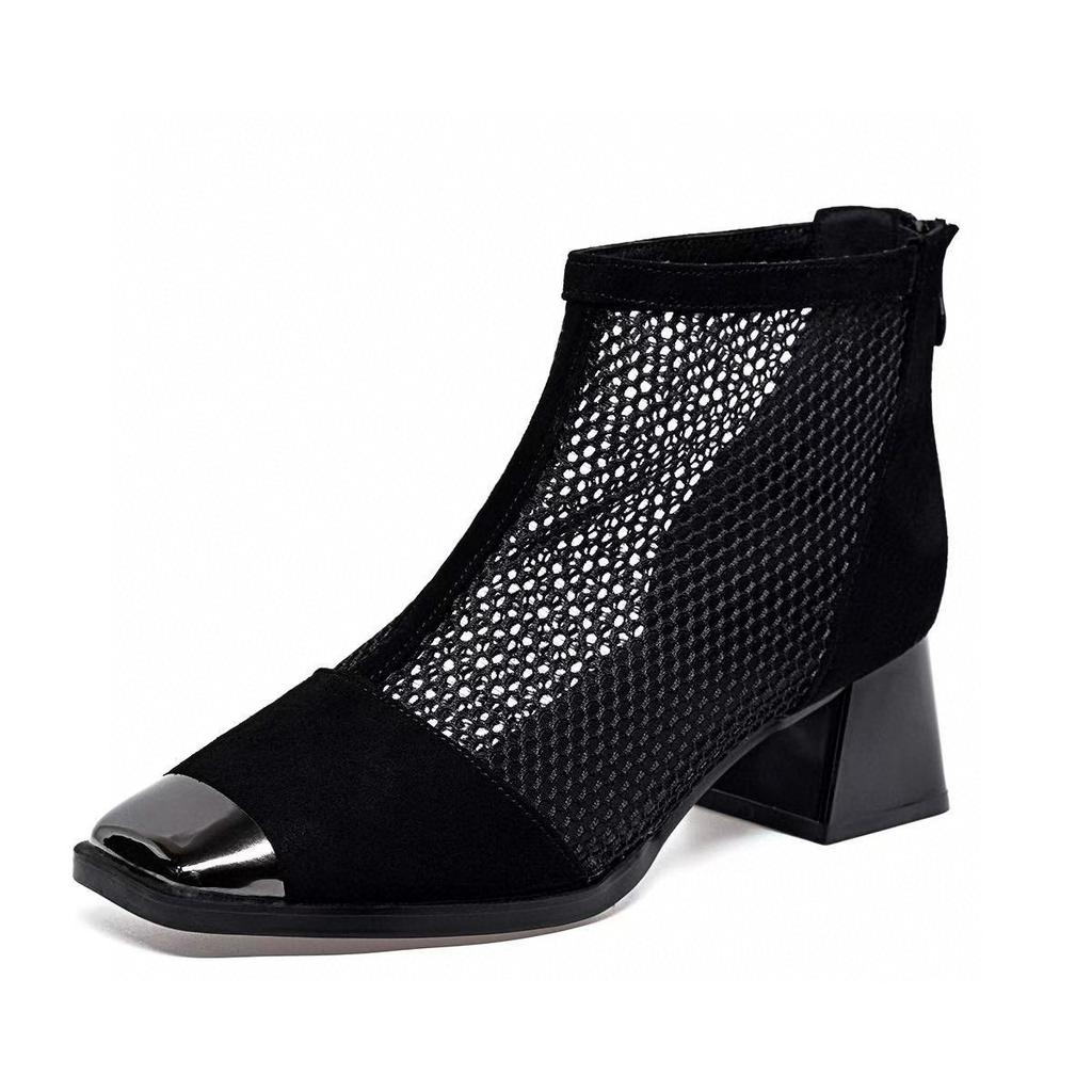 High-heeled Mesh Single Shoes Women's Spring New Iron Bag Head Square Head Thick Heel Net Boots Rear Zipper Cool Boots