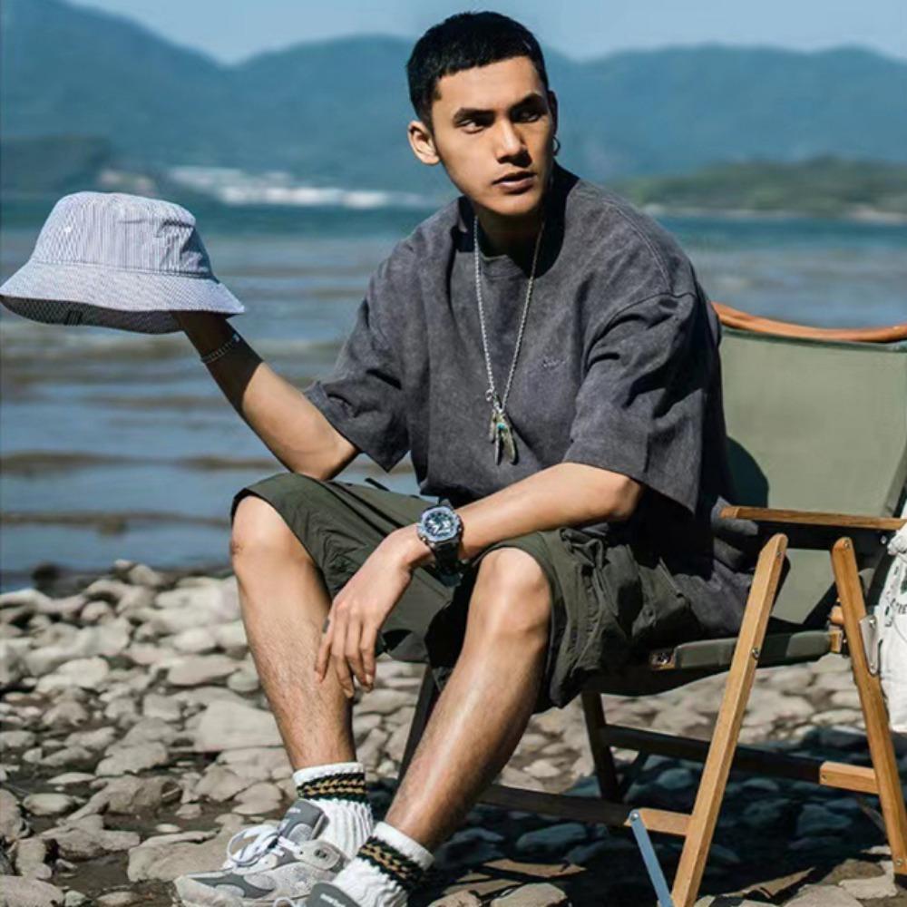 Мужская футболка с коротким рукавом 230G в винтажном стиле, универсальная однотонная, свободного кроя, с круглым вырезом, модный топ Инс