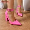 Fashion Aphixta 3.94/2.76Inch Super High Square Heels Pumps Women 2cm Belt Buckle Metal Buckle Strap Shoes Pointed Toe Big Size 35-53