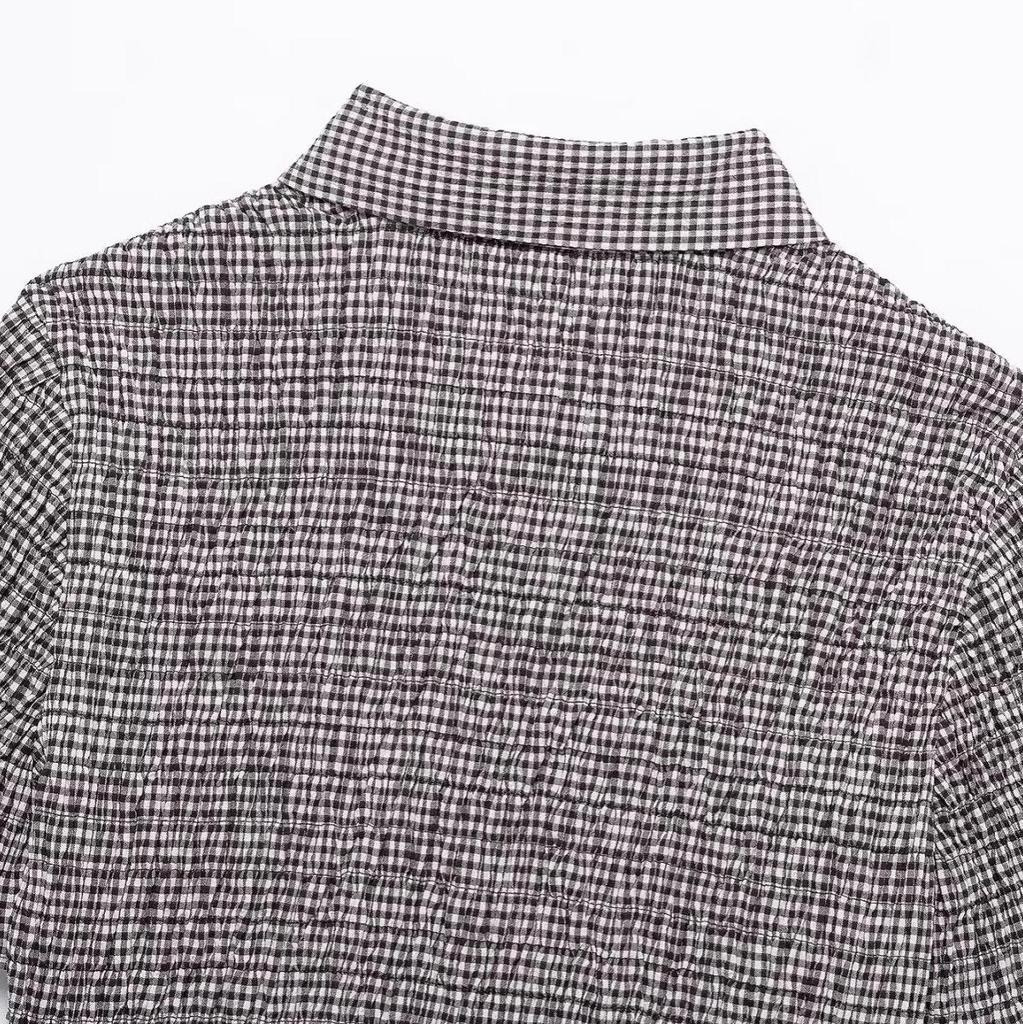 Spring 2025 Women's Plaid Short Sleeve Turn-Down Collar Shirt - European & American Style Fashion