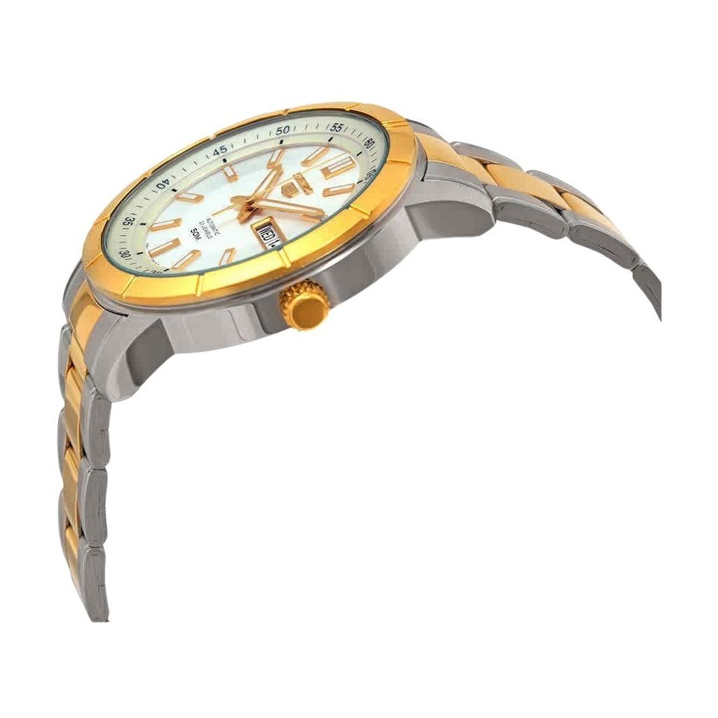 Seiko Автоматические мужские часы SNKN58K1 с 5 двухцветным серебряным циферблатом из нержавеющей стали и 21 драгоценным камнем