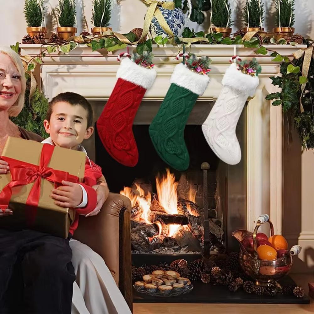Большой вязаный рождественский чулок с пухом, елочные украшения, рождественский подарочный пакет, детский