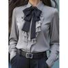 Women Autumn Blouses and Shirts Solid Color Long Sleeve Bow Decoration Casual Business Workwear Shirts Tops