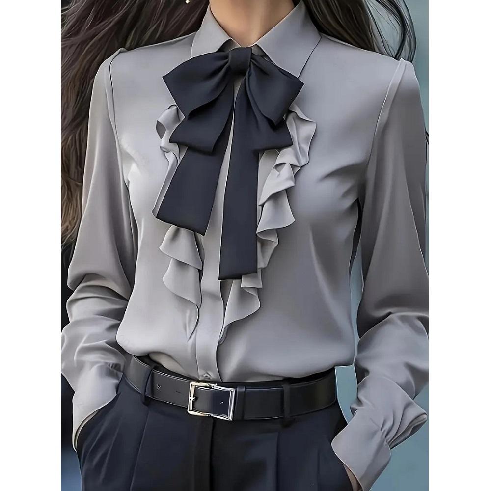 Women Autumn Blouses and Shirts Solid Color Long Sleeve Bow Decoration Casual Business Workwear Shirts Tops