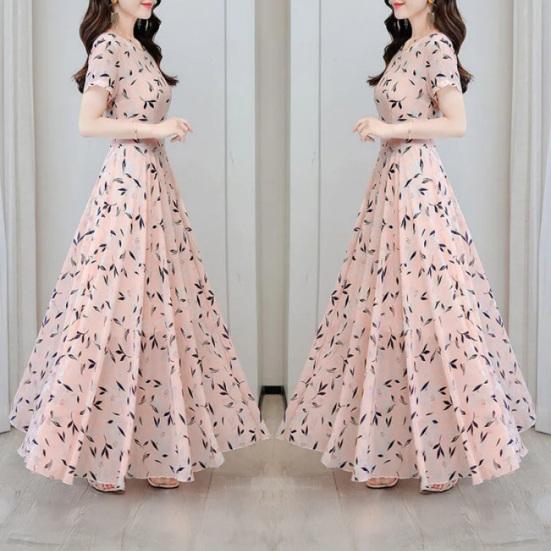 Женское летнее шифоновое струящееся макси-платье, повседневное платье А-силуэта с коротким рукавом и круглым вырезом, длинное платье с цветочным принтом, пляжный сарафан в стиле бохо