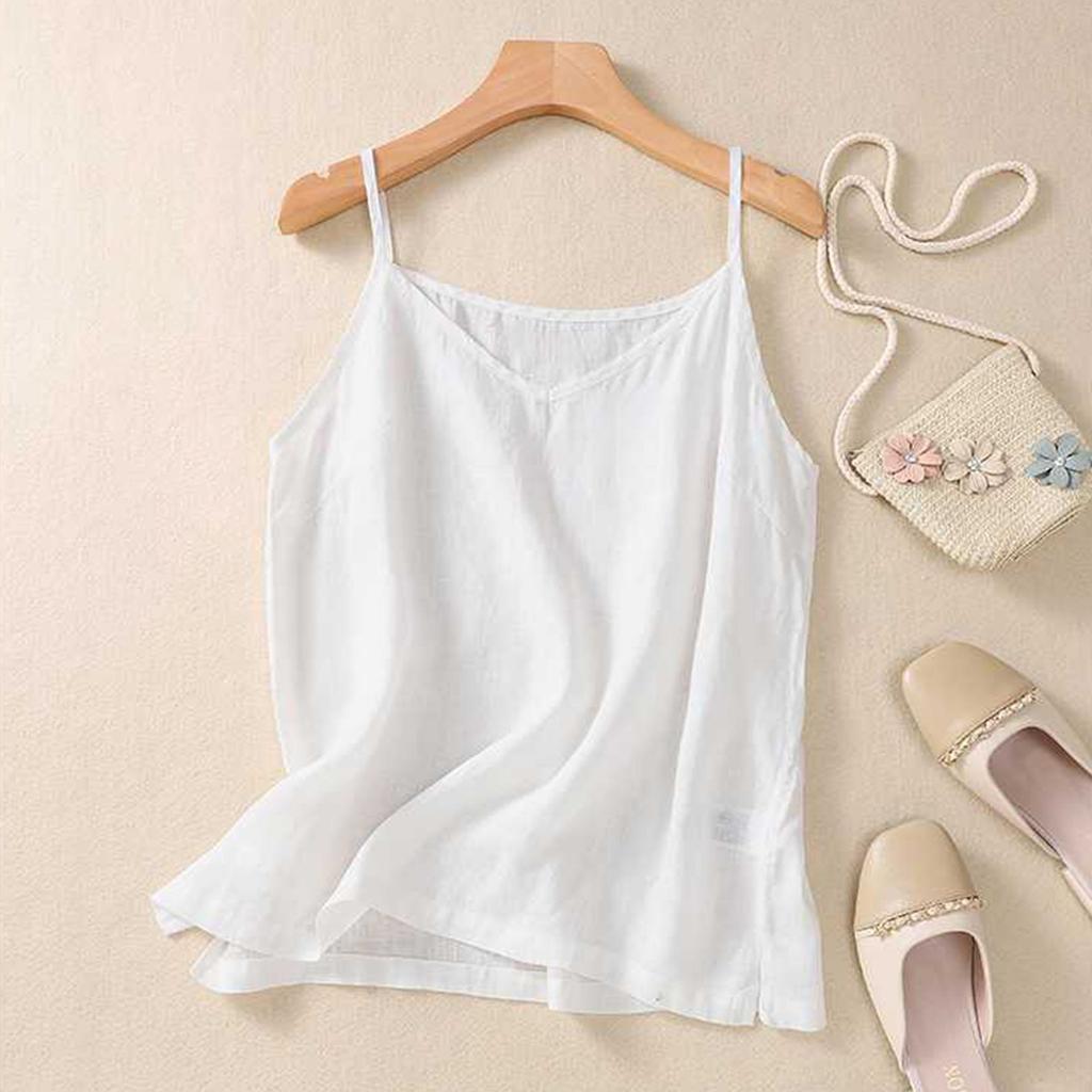 Женский топ-майка с V-образным вырезом и безрукавкой из хлопка и льна