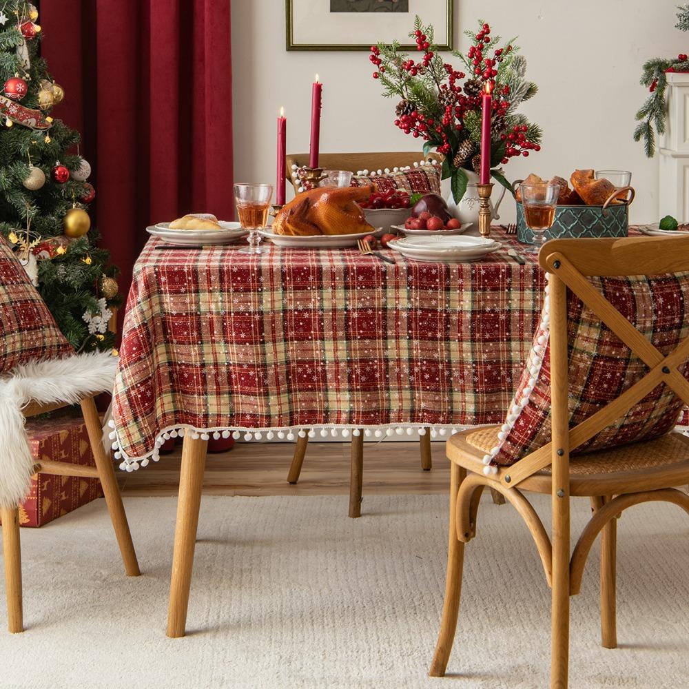 Christmas Tablecloth Dining Table Decor with Pom Poms Cotton Linen Snowflake Table Cover