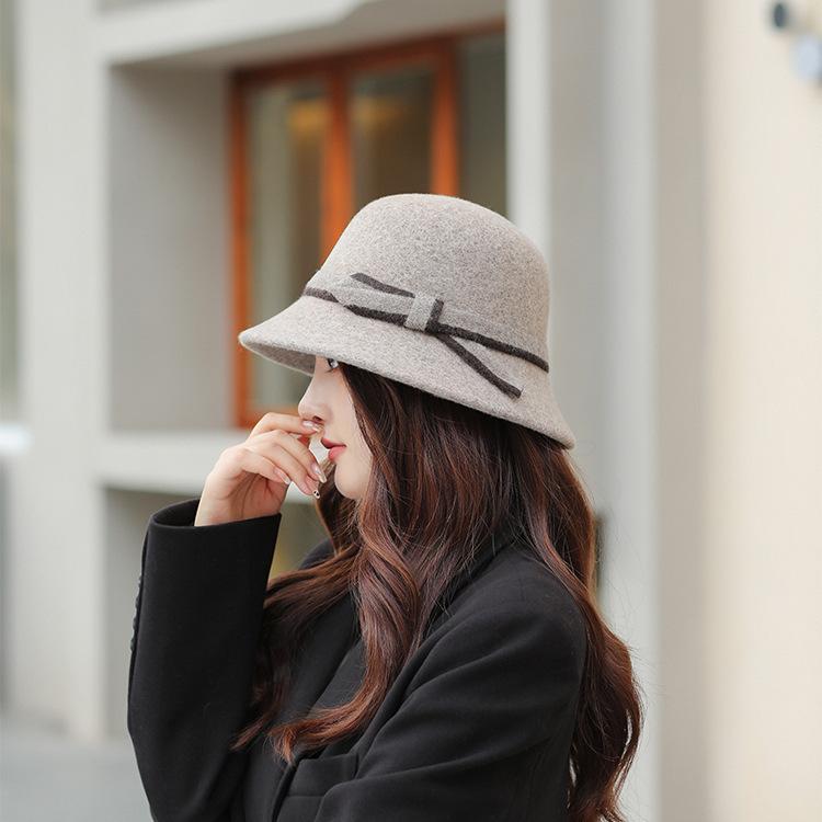 Solid color wool bow visor, bucket hat, autumn and winter face small plush warm women's hat versatile